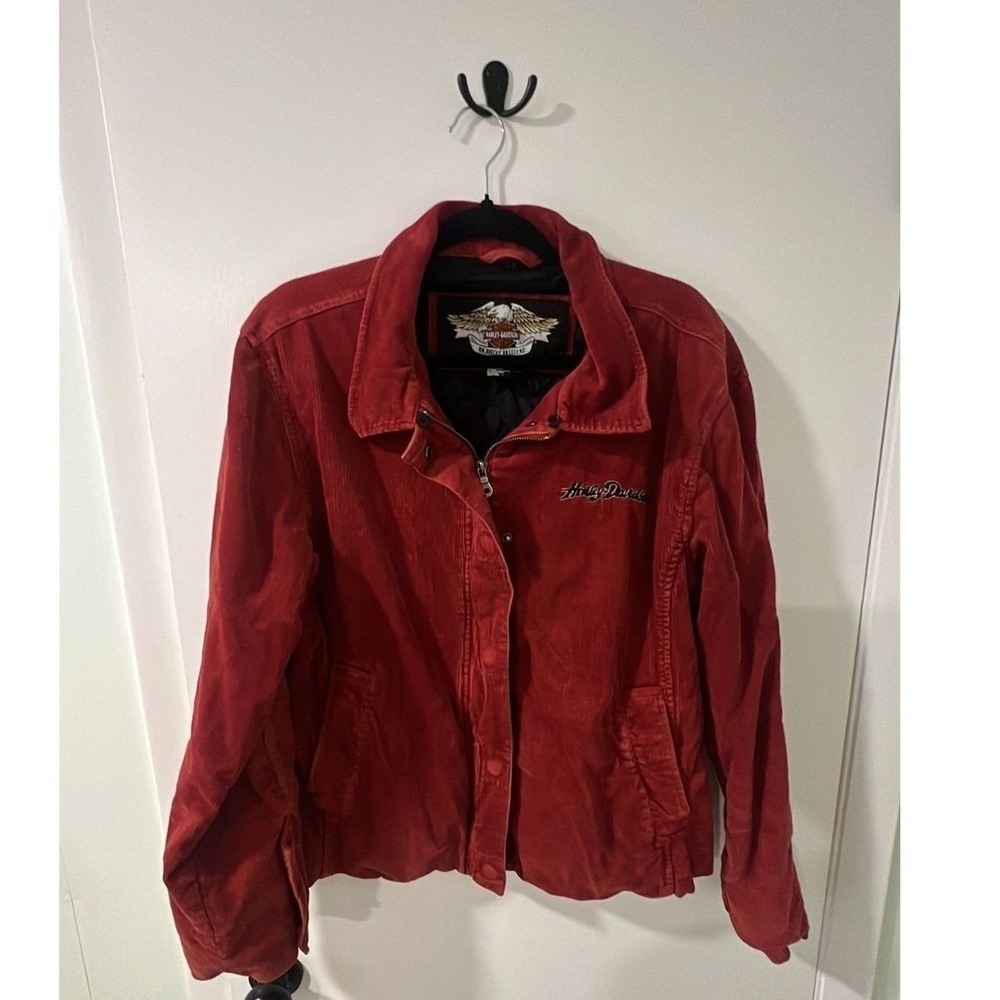 Harley Davidson Red Corduroy Zip Up Jacket Embroidered Logo Womens Large